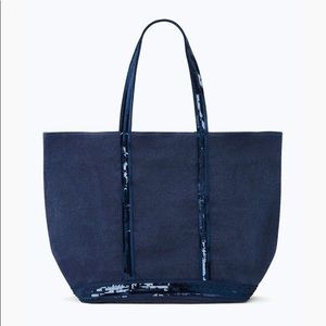 Felt and Sequin Denim Blue Shoulder Strap L Cabas Tote